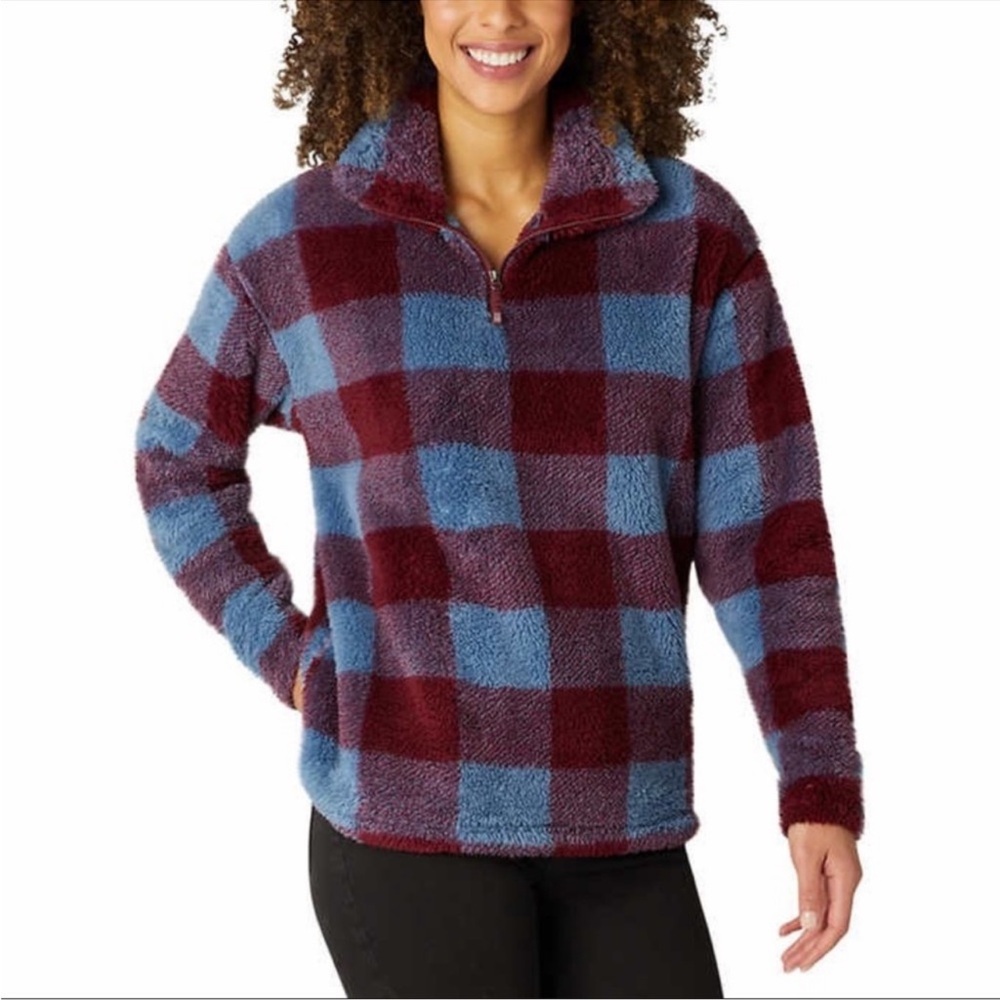 Eddie Bauer Purple Burgundy Plaid Teddy Fleece Jacket size Med - Picture 4 of 12